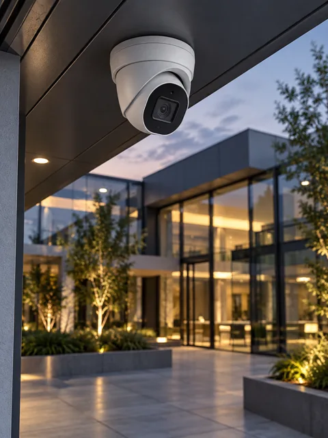Security camera overlooking a modern commercial entrance — illustrative image