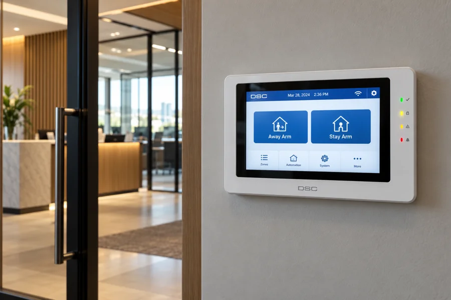 DSC LCD touchscreen alarm keypad in a commercial entrance